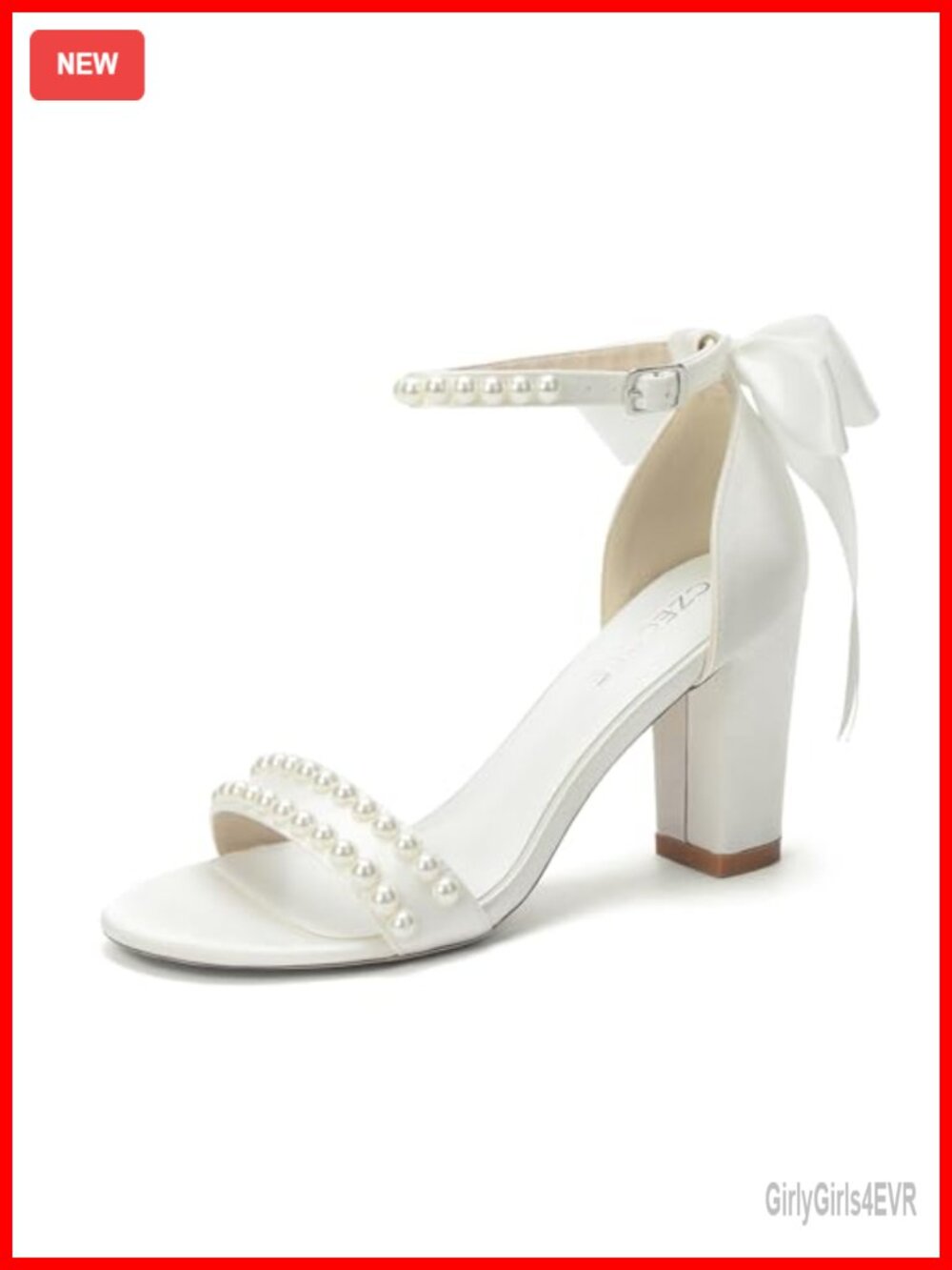 White Satin Block Heel Sandals Pearl Embellishments Ribbon Bow Open Toe Bridal